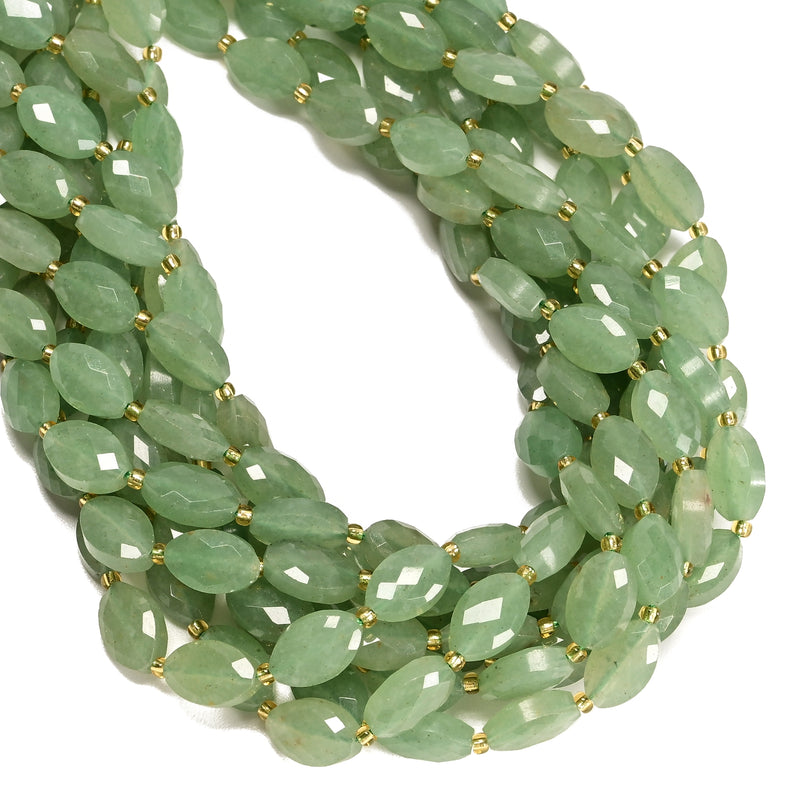 Natural Green Aventurine Faceted Flat Oval Shape Beads Size 9x14mm 15" Strand