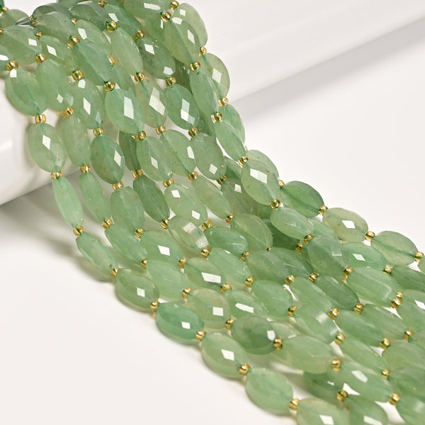Natural Green Aventurine Faceted Flat Oval Shape Beads Size 9x14mm 15" Strand