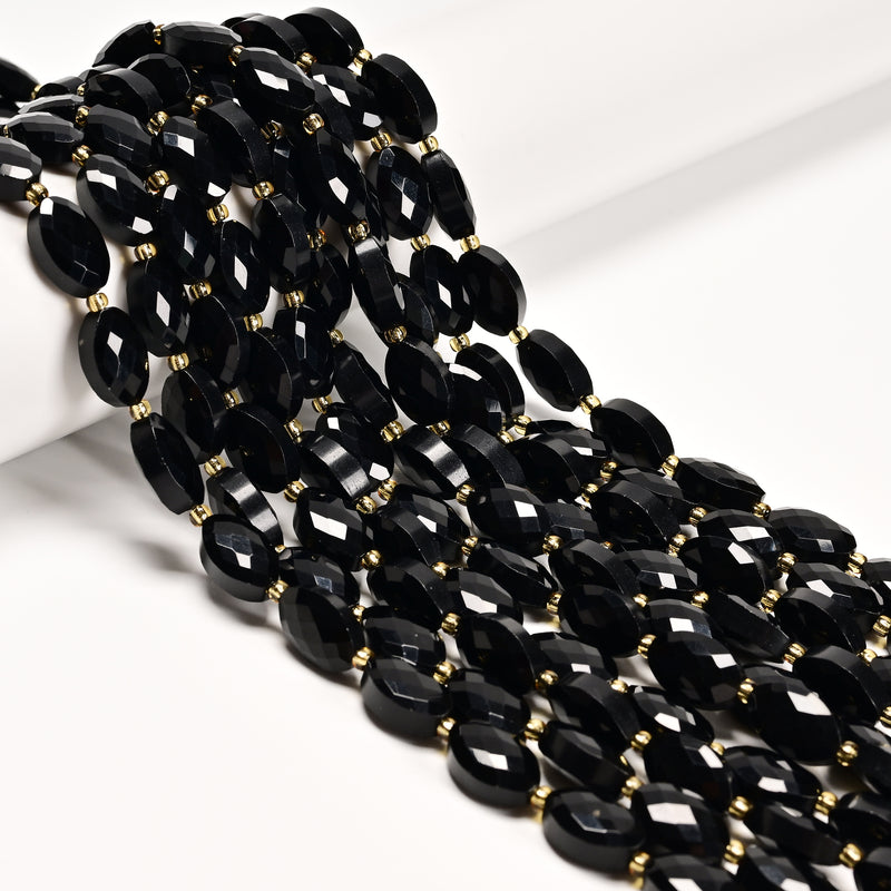 Black Onyx Faceted Flat Oval Shape Beads Size 9x14mm 15" Strand