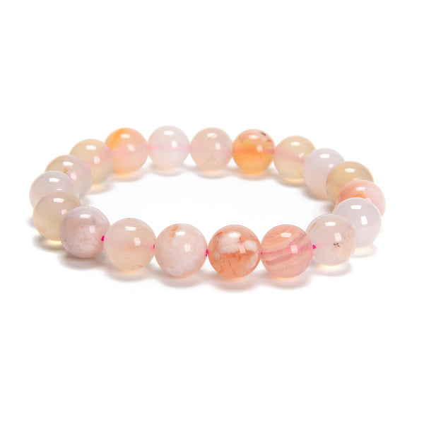 Cherry Flower Sakura Agate Smooth Round Beaded Bracelet 10mm 7.5'' Length Sold by Piece