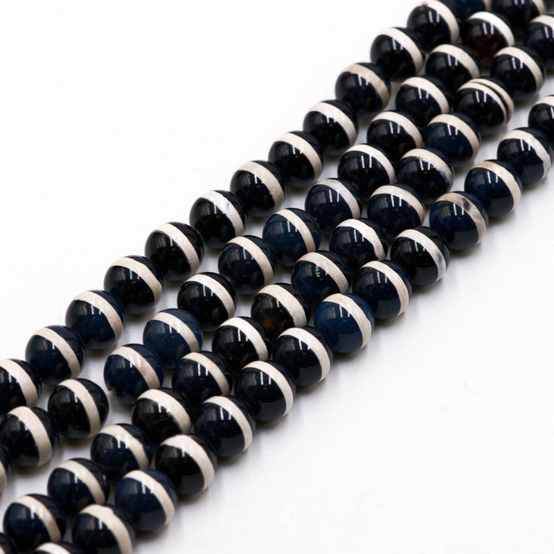 Black & White Stripe Tibetan Agate Smooth Round Beads Size 6mm 8mm 10mm 15.5"Std