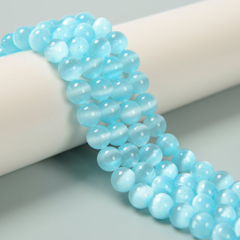 Aqua Blue Color Selenite Smooth Round Beads Size 6mm 8mm 10mm 15.5'' Strand