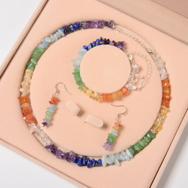 Natural Chakra Rainbow Chips Beads 5-8mm Jewelry Set Bracelet Earrings Necklace