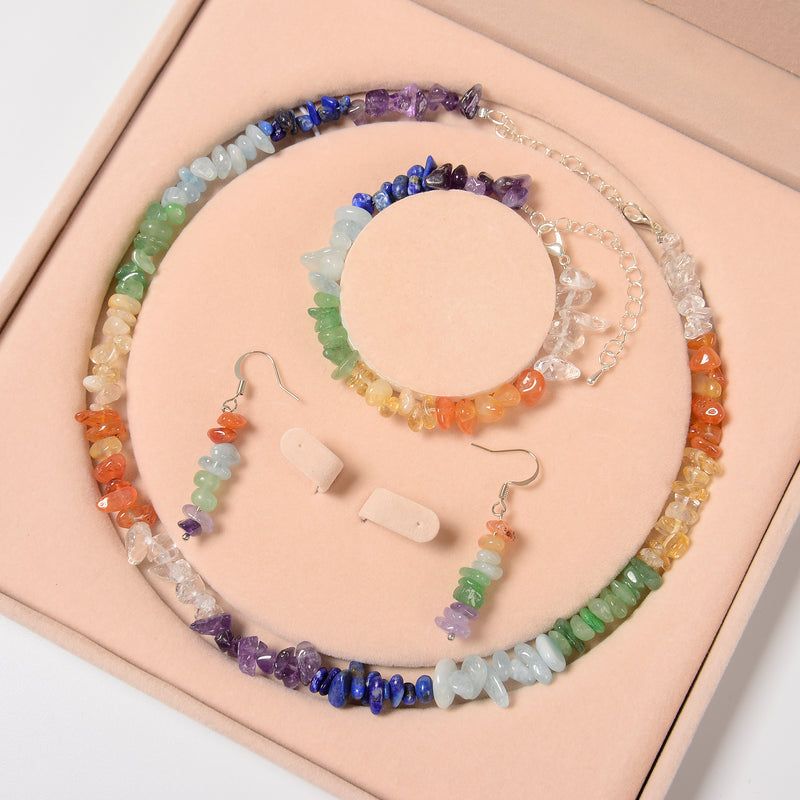 Natural Chakra Rainbow Chips Beads 5-8mm Jewelry Set Bracelet Earrings Necklace