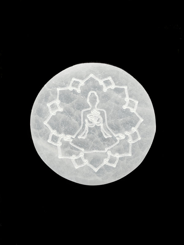 Natural Selenite Crystal Round Circle Charging Plate Buddha 2.35" Inches