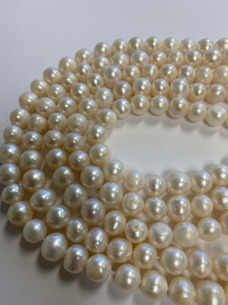 1.2mm Hole White Fresh Water Pearl Off Round Shape Beads Size 8-9mm 14'' Strand