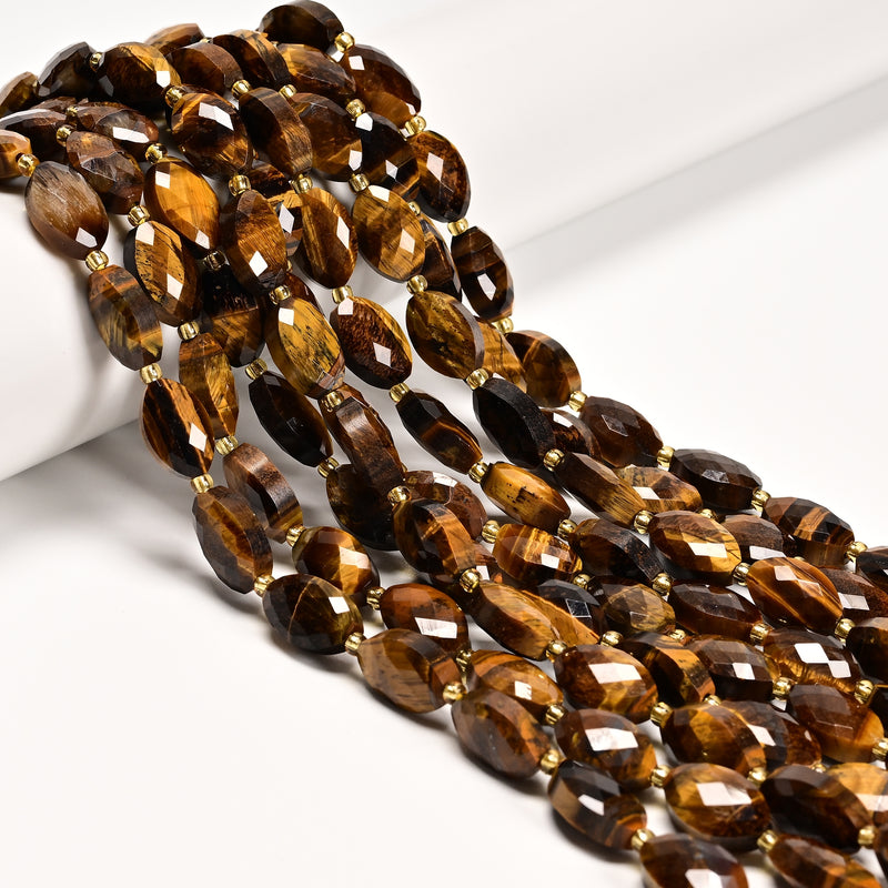 Natural Yellow Tiger Eye Faceted Flat Oval Shape Beads Size 9x14mm 15" Strand
