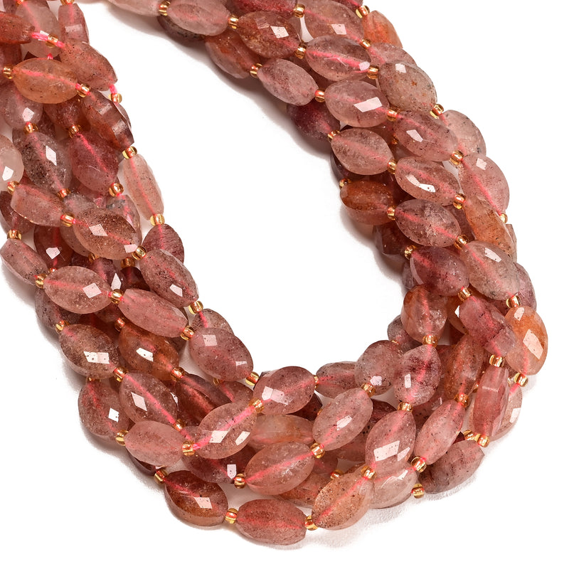 Natural Strawberry Quartz Faceted Flat Oval Shape Beads Size 9x14mm 15" Strand