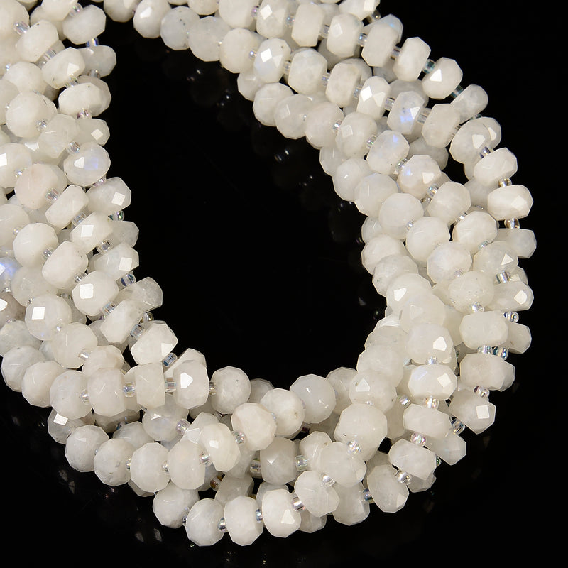 White Rainbow Moonstone Faceted Wheel Rondelle Beads 5x8mm 6x9mm 15.5'' Strand