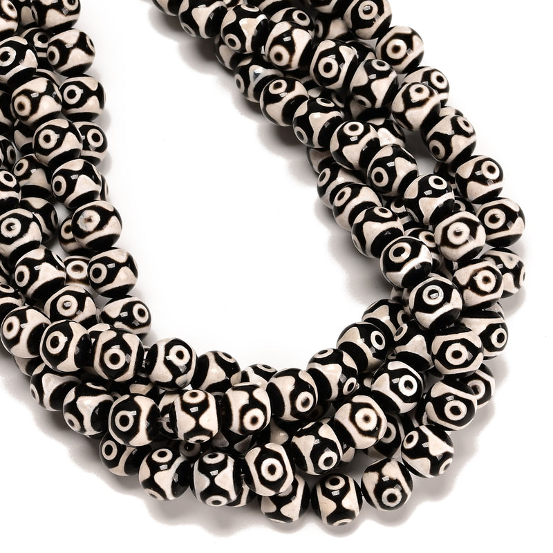 Black & White Evil Eye Tibetan Agate Smooth Round Beads Size 10mm 15.5" Strand