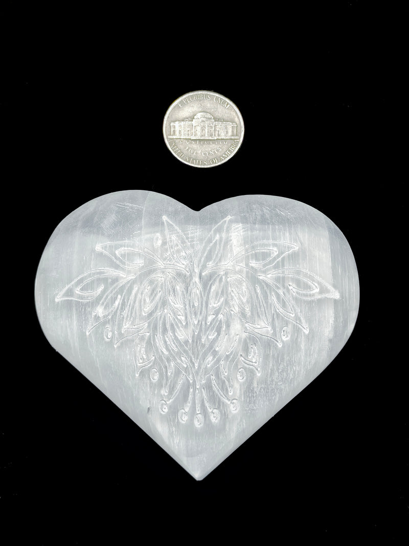 Selenite Palm Stone Heart Shape Angel Wings & Lotus Flower Size 3" Inches