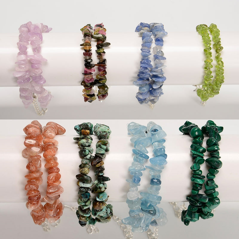 02-Mixed Gemstone Chips Bracelet Silver Plated Clasp Size 5-8mm 7''-8.5''Length