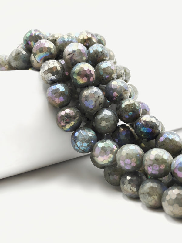 Rainbow Coated Labradorite Faceted Round Beads Size 8mm 12mm 15.5'' Strand