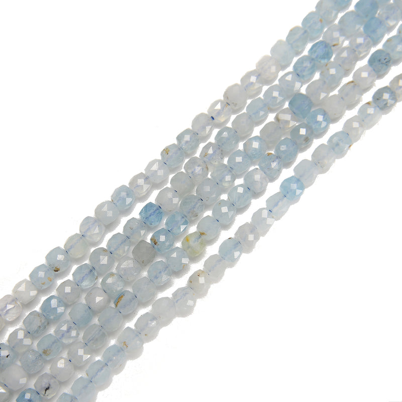 Natural Blue Translucent Aquamarine Faceted Cube Beads Size 4-4.5mm 15.5''Strand
