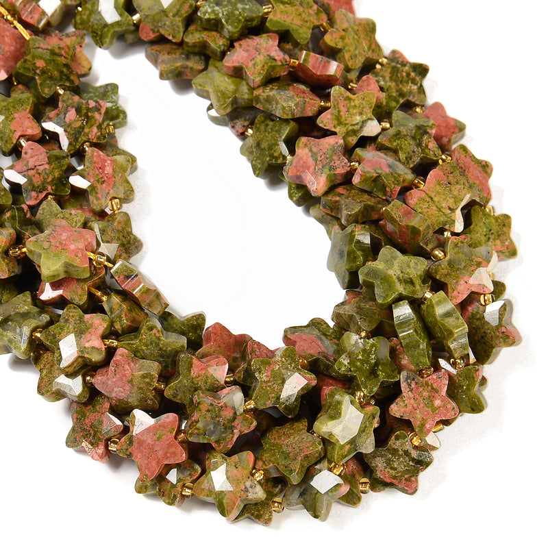Natural Unakite Faceted Five-Pointed Star Shape Beads Size 14mm 14.5'' Strand