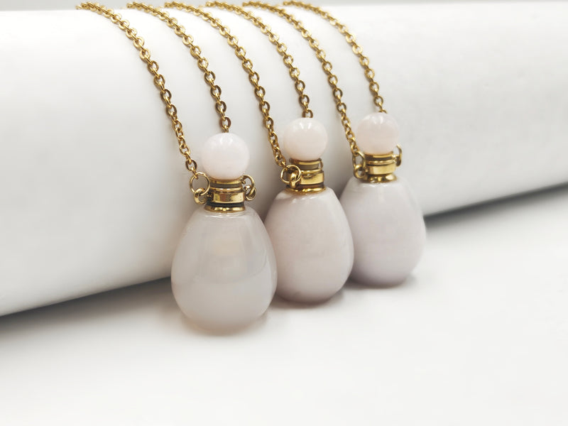 Natural Stone Essential Oil Necklace Perfume Bottle Smooth Round & Gold Chain