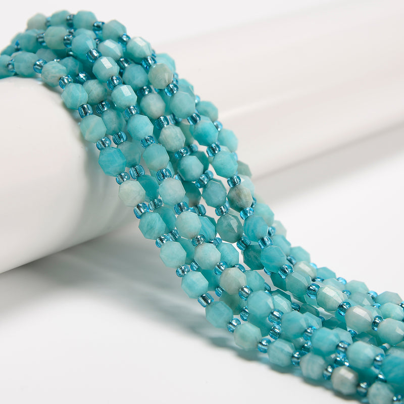 Natural Blue Green Amazonite Prism Cut Double Point Beads Size 6mm 15.5'' Strand