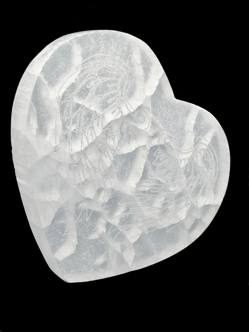 Natural Selenite Crystal Heart Shape Charging Plate Angel Wings 5x5.5" Inches