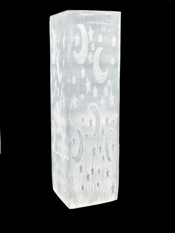 Selenite Cuboid Lamp With Night Sky Pattern Size 3"x3"x10" (Light Not Included)