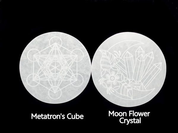 Selenite Round Charging Plate Metatron's Cube & Moon Flower Crystal Size 4''