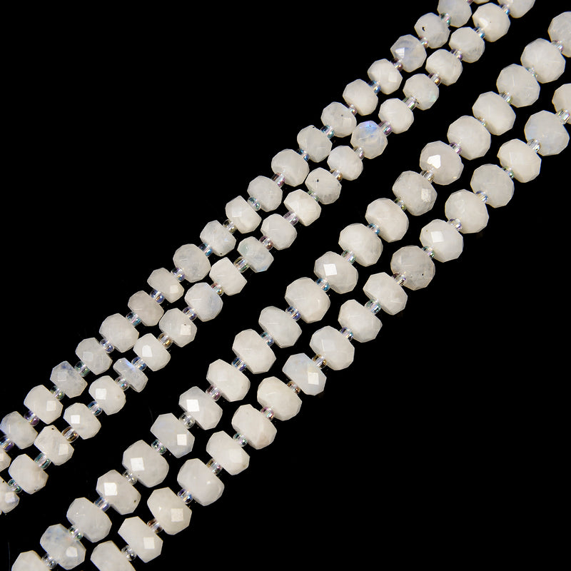 White Rainbow Moonstone Faceted Wheel Rondelle Beads 5x8mm 6x9mm 15.5'' Strand