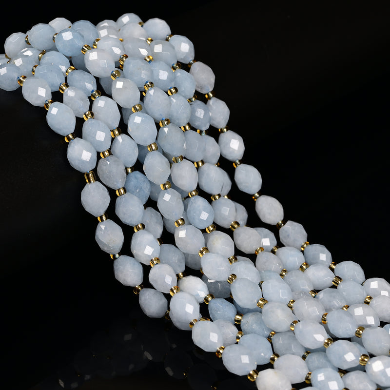 Light Aquamarine Color Dyed Jade Faceted Rice Beads Size 8x10mm 15.5'' Strand