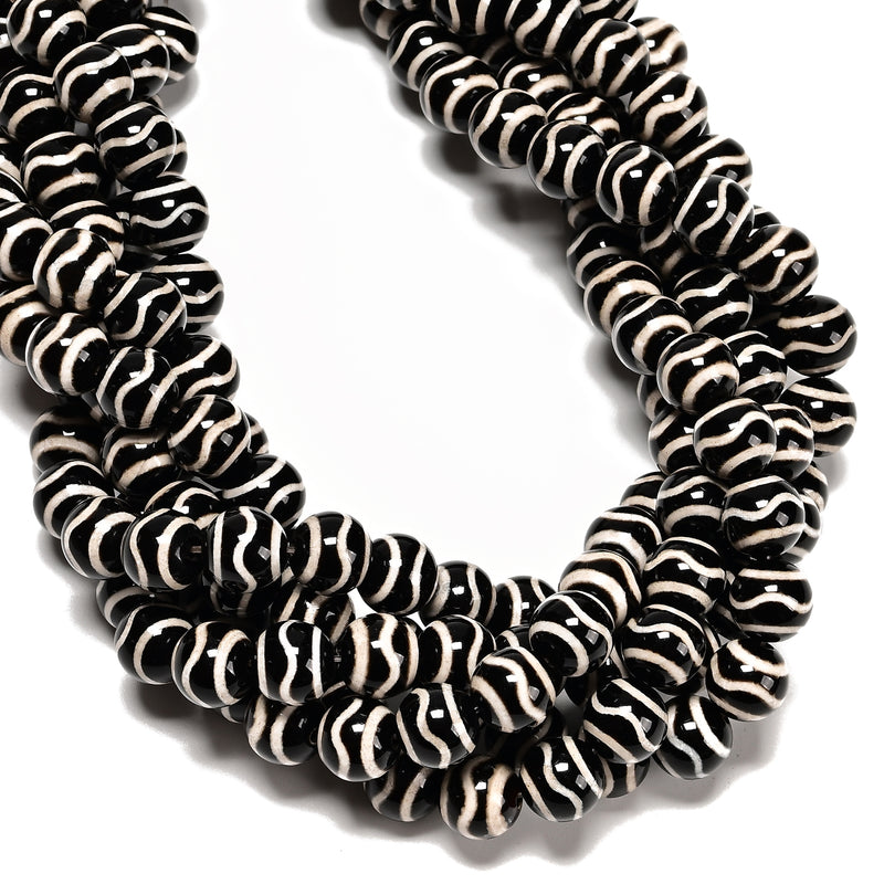 Black & White Stripe Tibetan Agate Smooth Round Beads Size 10mm 15.5" Strand