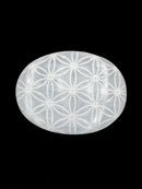 Selenite Oval Palm Stone Tree of Life/Flower of Life/Buddha Size 2x2.5" Inches