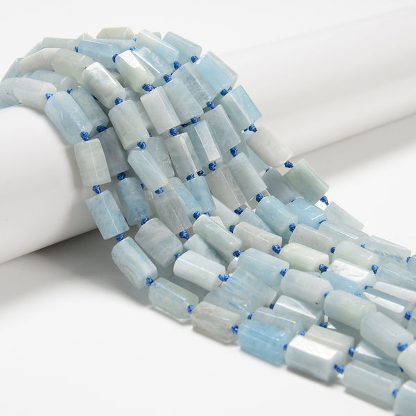 Natural Aquamarine Smooth Faceted Cylinder Tube Beads Size 8x12mm 15.5" Strand