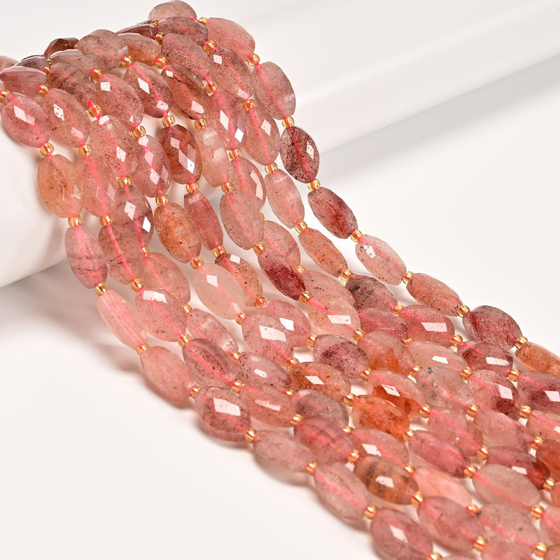 Natural Strawberry Quartz Faceted Flat Oval Shape Beads Size 9x14mm 15" Strand
