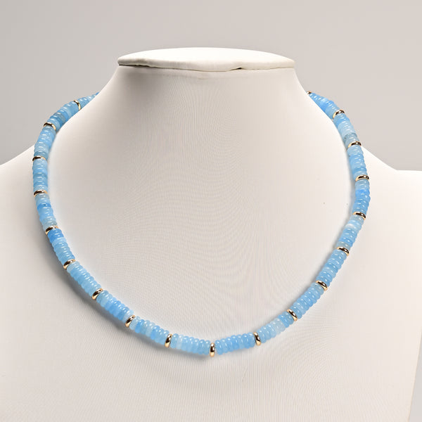 Aquamarine Color Dyed Jade Rondelle Beaded Necklace 17''-18.5" Length Adjustable