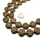 Vintage Acrylic Antiqued Etched Gold Round Flat Beads 15x18mm 15.5" Strand