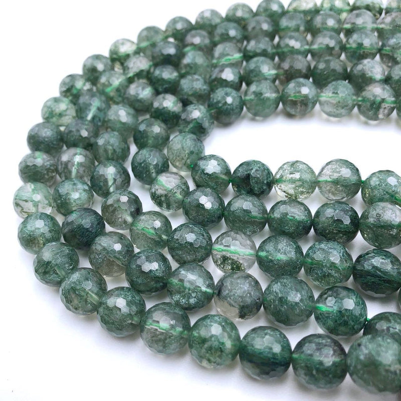 green rutilated quartz faceted round beads 