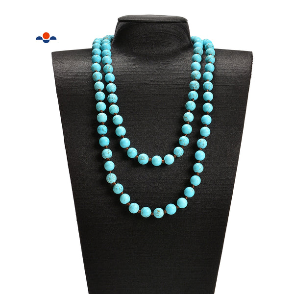 Blue Turquoise Matte Knotted Mala Necklace Beads 8mm 36” Long Ready to Wear