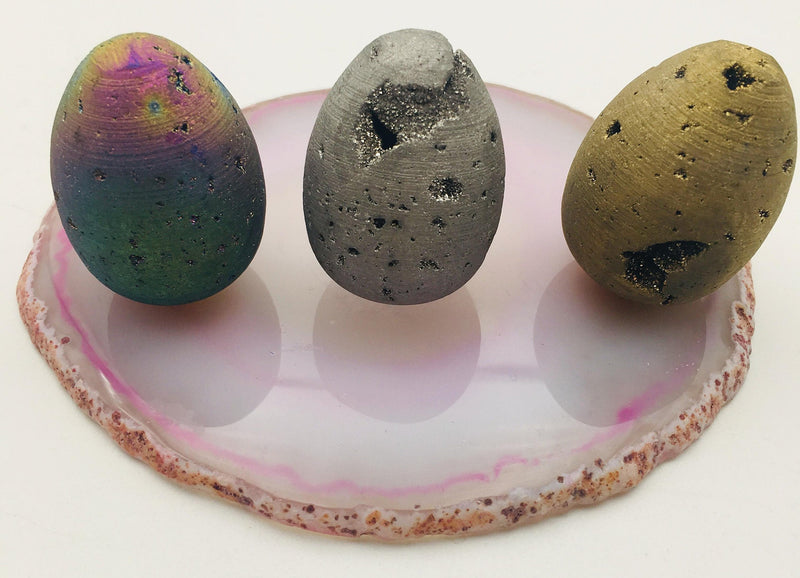 natural druzy agate egg silver gold rainbow colors 