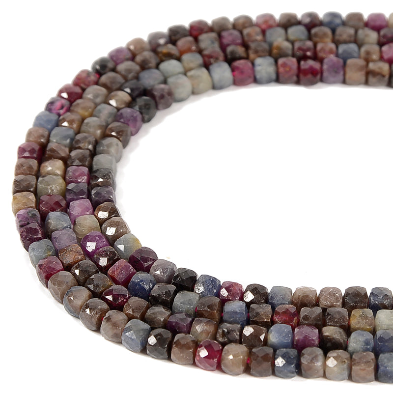 Natural Ruby & Sapphire Faceted Cube Beads Size 4mm 15.5'' Strand