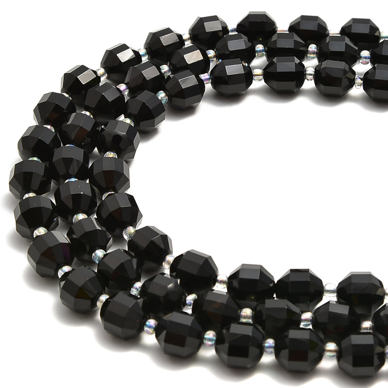 Black Onyx Prism Cut Double Point Faceted Round Beads 9x10mm 15.5'' Strand