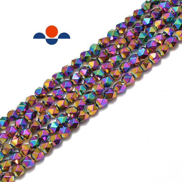 rainbow plated hematite faceted star cut beads