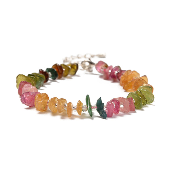 Watermelon Tourmaline Beaded Bracelet with Silver Plated Clasp 7.5" Length