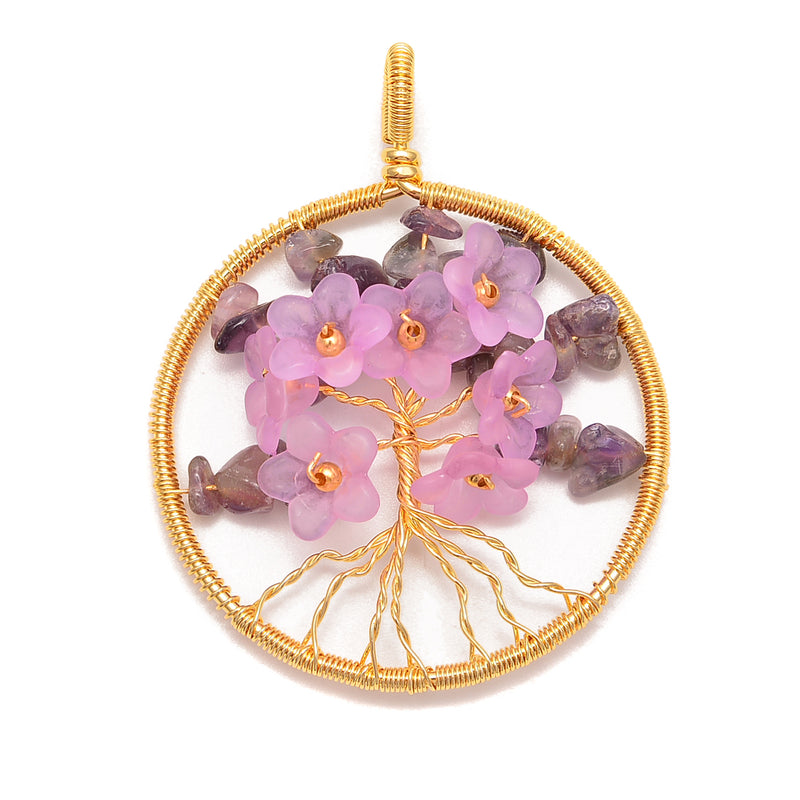 Amethsyt Chips Flower Tree of Life Charm Wire Wrap Pendant Size 50mm Sold Per Piece