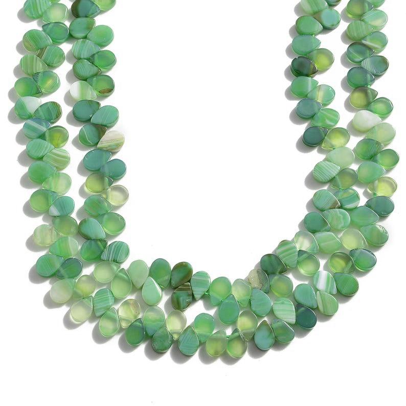 green Striped agate flat teardrop side hole beads