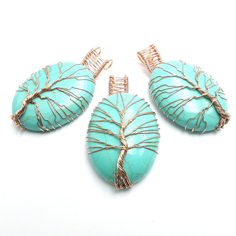 green howlite turquoise tree pendant copper wire wrap oval