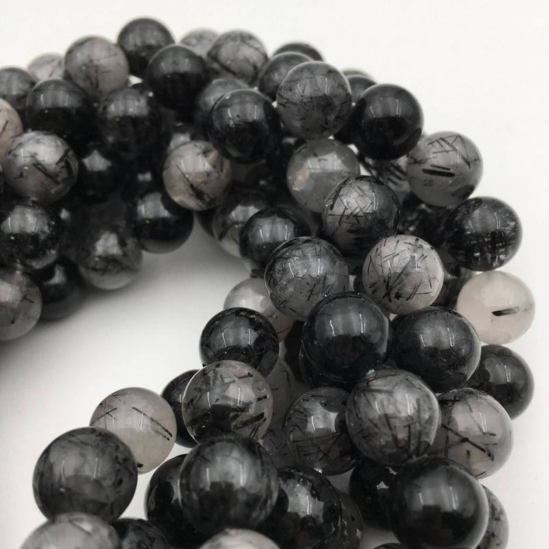 black tourmalinated quartz smooth round beads