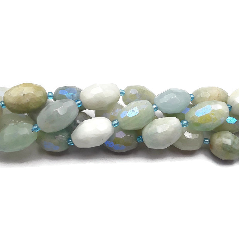 AB Coated Multi Color Aquamarine Faceted Rice Shape Beads 12x15mm 15.5"Strand
