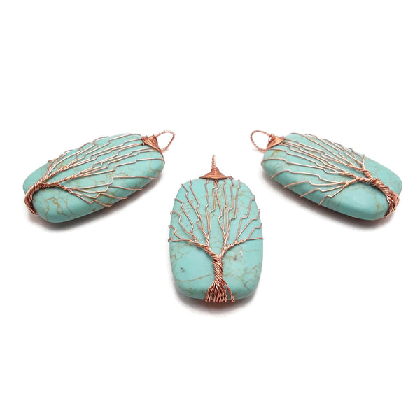 Green Howlite Turquoise Tree Pendant Copper Wire Wrap Rectangle 30x52mm Sold Per Piece