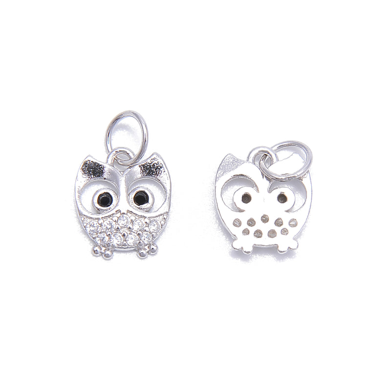 925 Sterling Silver Owl Shape Charm with Cubic Zirconia Size9x10mm 3 PCS Per Bag