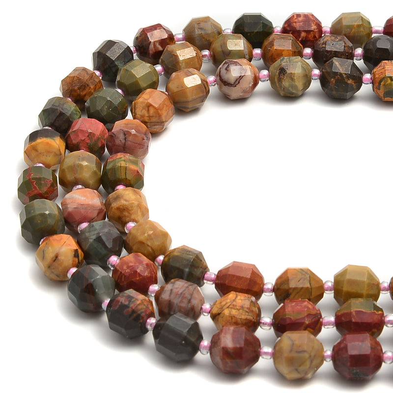 Red Creek Jasper Prism Cut Double Point Faceted Round Beads 9x10mm 15.5" Strand