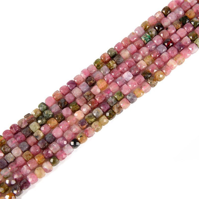 Natural Multi Color Tourmaline Faceted Cube Beads Size 4mm 15.5'' Strand