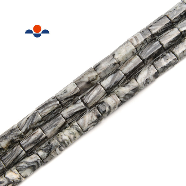 Black Network Silk Stone Spider Web Jasper Faceted Cylinder Tube Beads Size 10x14mm 15.5'' Strand