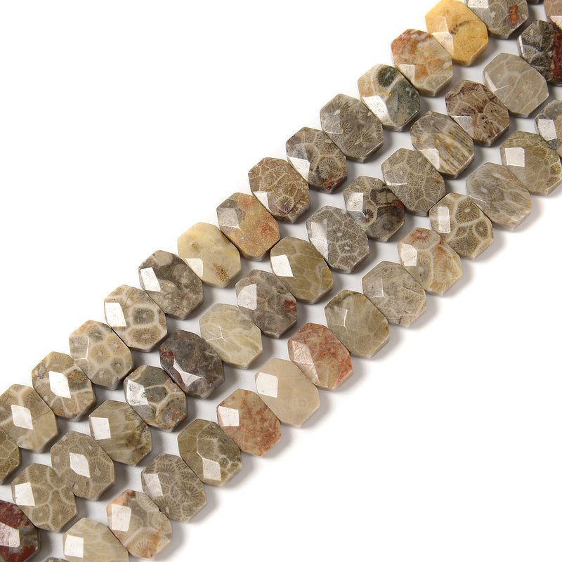 Fossil Coral Rectangle Slice Faceted Octagon Beads Approx 10x14mm 15.5" Strand